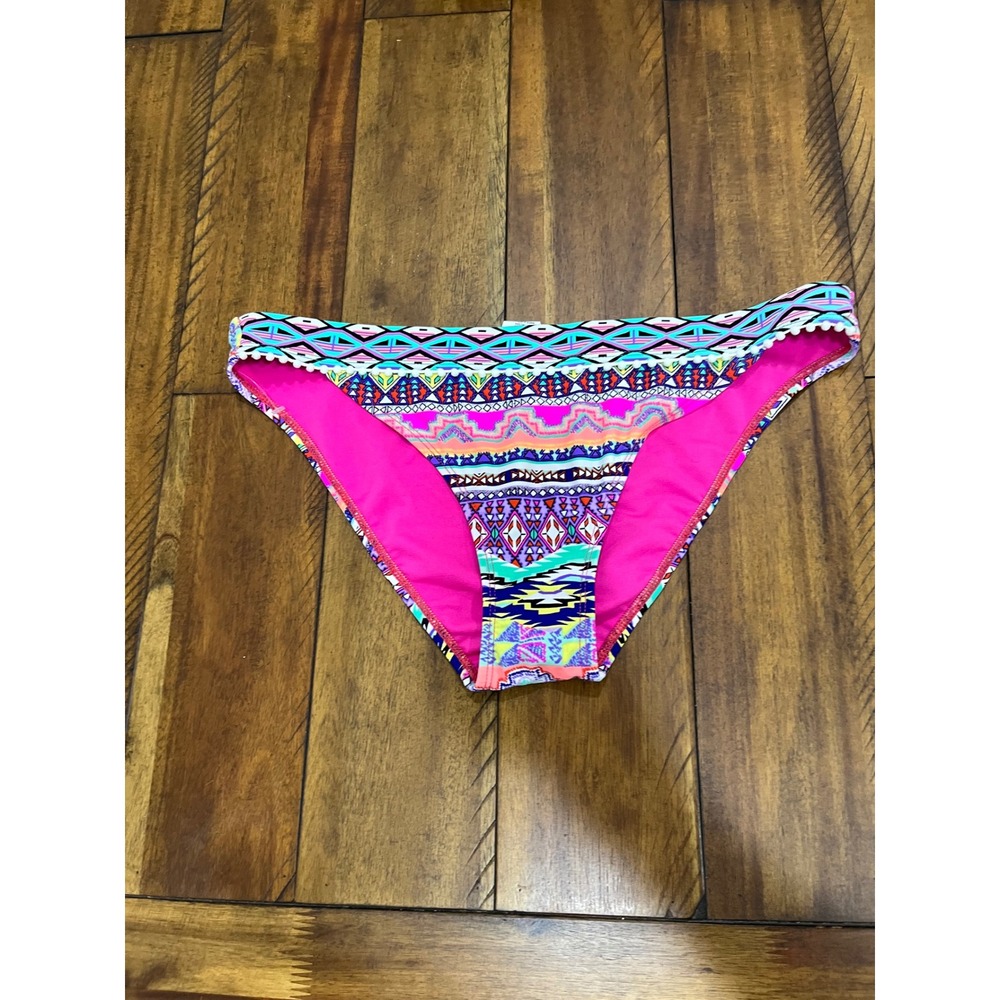 Hobie‎ Bikini Bottom Women XL Multi Color New Tribal Print Pom Pom Trim Swimwear